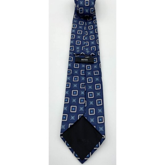 Hugo Boss Mens Blue Geometric Pattern Silk Jacquard Tie Made In Italy - Picture 3 of 8